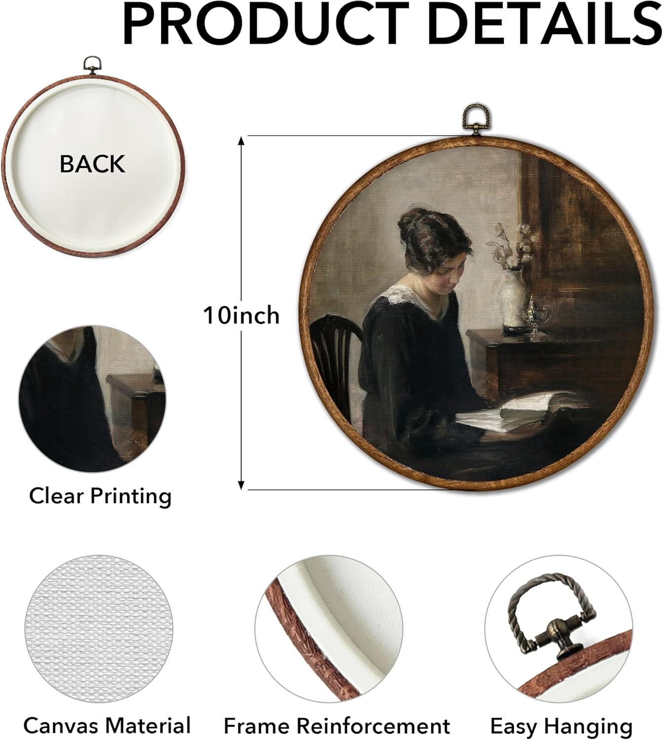 Vintage Moody Woman Reading Book Round Wall Art Framed, French Country Wall Decor, Master Paintings Farmhouse Antique Hanging Canvas Prints(10X10inches) -A18