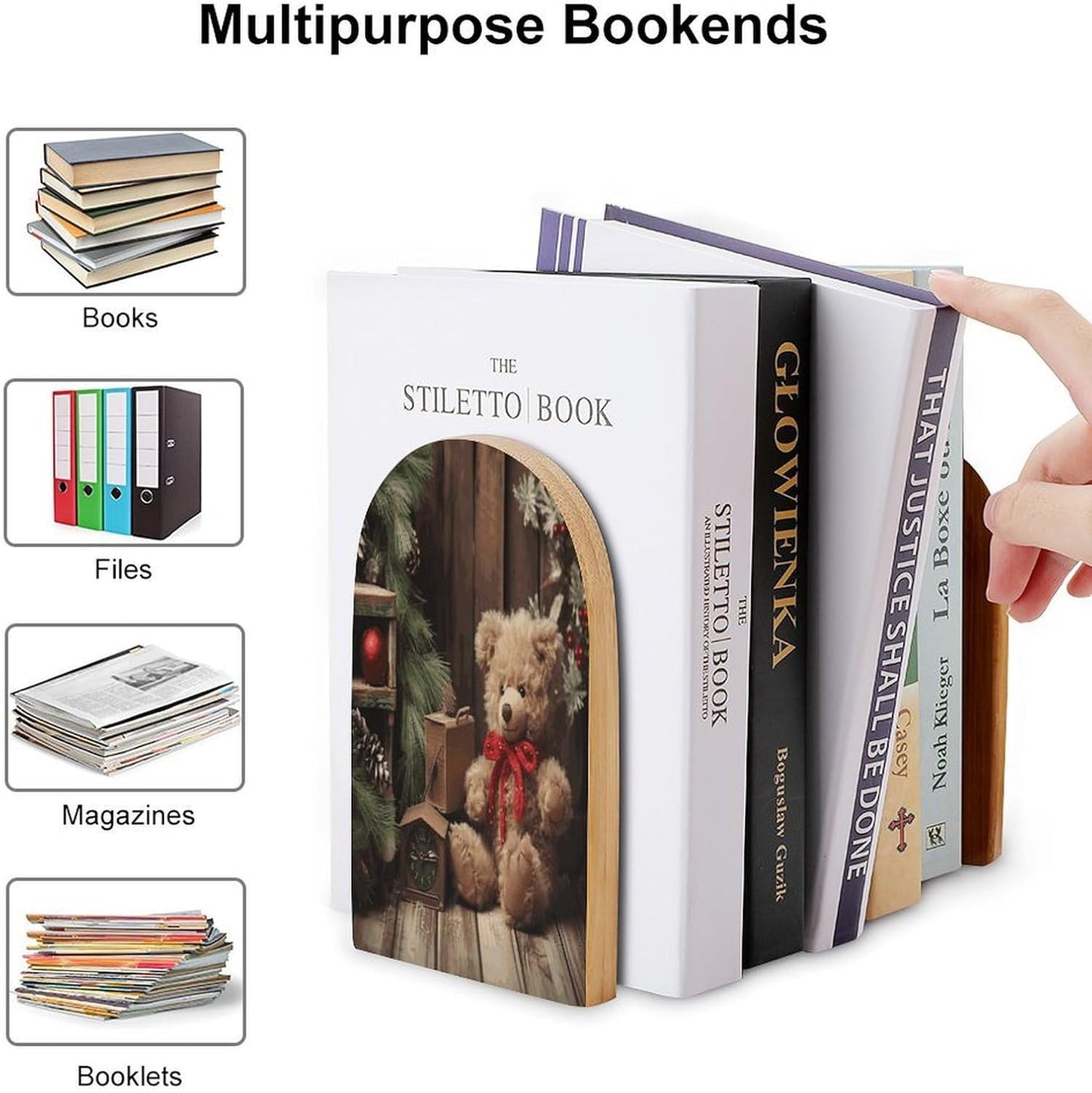 Xmas Tree Branch Bear Doll Bookend for Shelves Wooden Book End Large Size Sturdy Book Holders Stoppers with Metal Base for Bookshelves Slick Decorative Bookends Stands