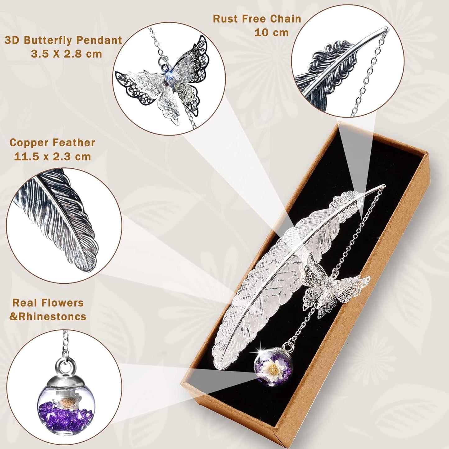 Toirxarn Silver Feather Bookmark with Butterfly Charm – Christmas Gifts for Women, Mom, Teachers, Book Lovers – Stocking Stuffers, Secret Santa, Birthday & Holiday Gift Box