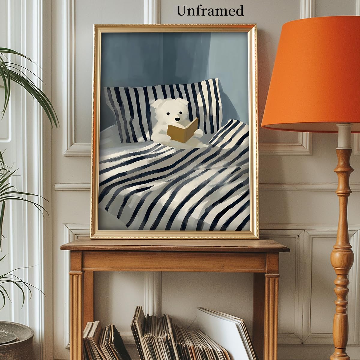 Greyhound Reading Book In Bed Canvas Wall Art, Cosy Bedroom Animal Poster for Kids Baby Room, Cute Dog Reading Blue Striped Picture, Bookish Gift Print for Book Lover 12x16in Unframed