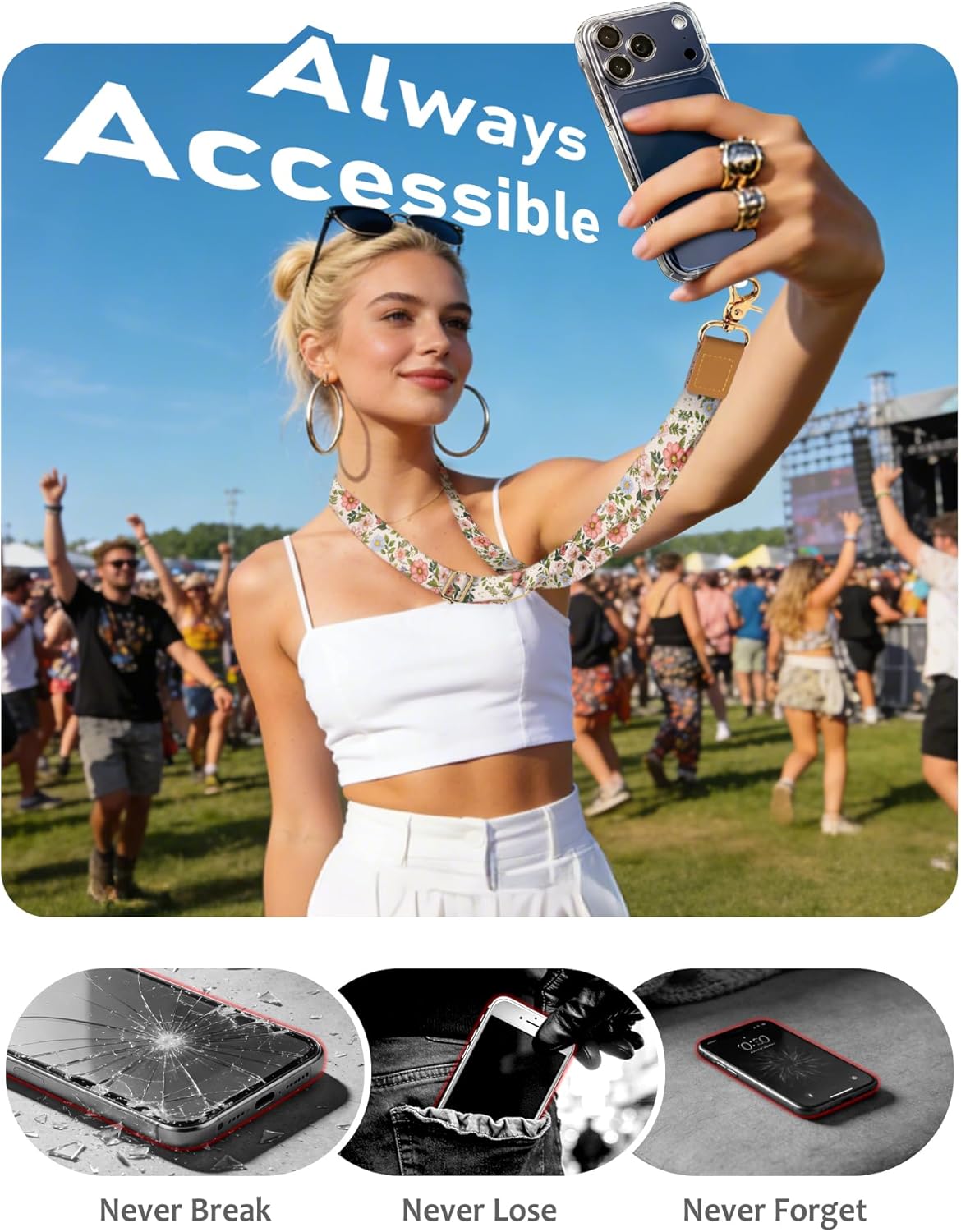 Flower Phone Lanyard Crossbody Strap, Floral Cell Phone Lanyards for around the Neck Wristlet Wrist Strap Adjustable for Keys Case Accessories Travel Essentials