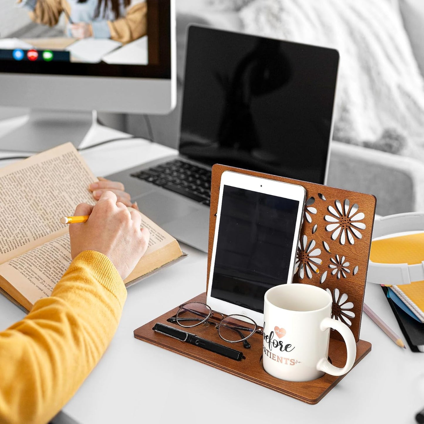 Huray Rayho Book Holder Wooden Book Stand for Reading Rest Page Marker Nightstands Organizer with Cup Mug Glasses Pen Holder Book Lovers Gift for Readers LibrarianTeachers Students Birthday Present
