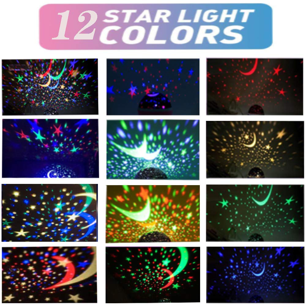 Borelor Star Night Light for Kids, 12 Color Changing Lights Modes with USB Cable, 360°Rotating Moon Star Projector Desk Lamp for Bedroom Party Decor & Girls Birthday Gift