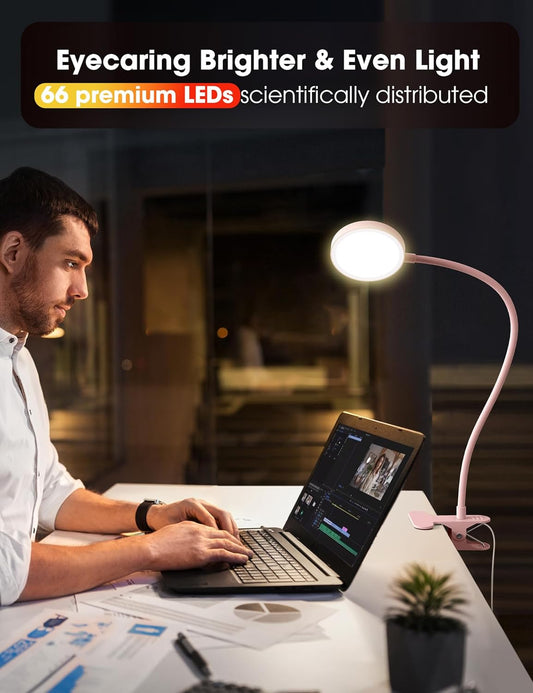 Desk Lamp Clip on Light 8W 66 LED Reading Light for Bed, 5 Colors 10 Dimming Levels, Eye Caring Metal Reading Lamp, Clip lamp for Bed Headboard Home Office (Pink)