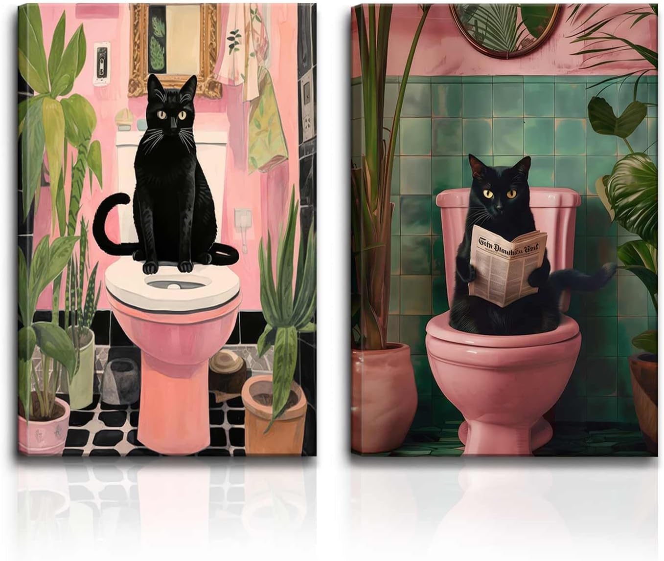 Godont Funny Cat Bathroom Wall Art.Cute Black Cat Wall Decor Paintings, Whimsical Animal Reading Newspaper on The Toilet Poster Canvas Prints Aesthetic Picture 12x16x2 inch Unframed