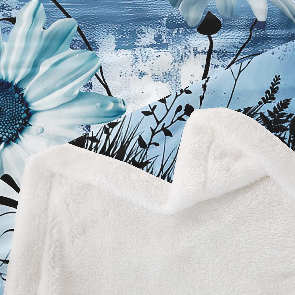 Rustic Floral Fleece Blanket,Farm Daisy Flowers Butterfly Country Throw Blanket for Adult Man,Blue Abstract Art Graffiti Lightweight Polyester Sherpa Blanket for Sofa, Queen (90 x 90 Inch)