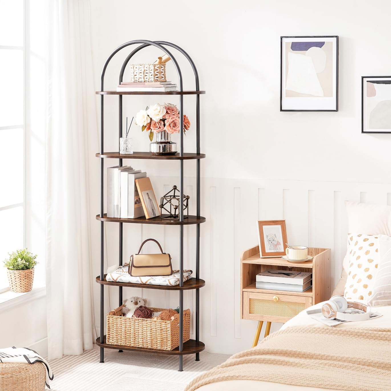 HOOBRO 5 Tier Open Bookshelf, Industrial Arched Bookcase Display Shelf Rack, Wooden Bookcase Storage Shelf Metal Frame, Tall Storage Organizer for Home, Easy Assembly, Rustic Brown BF176SJ01