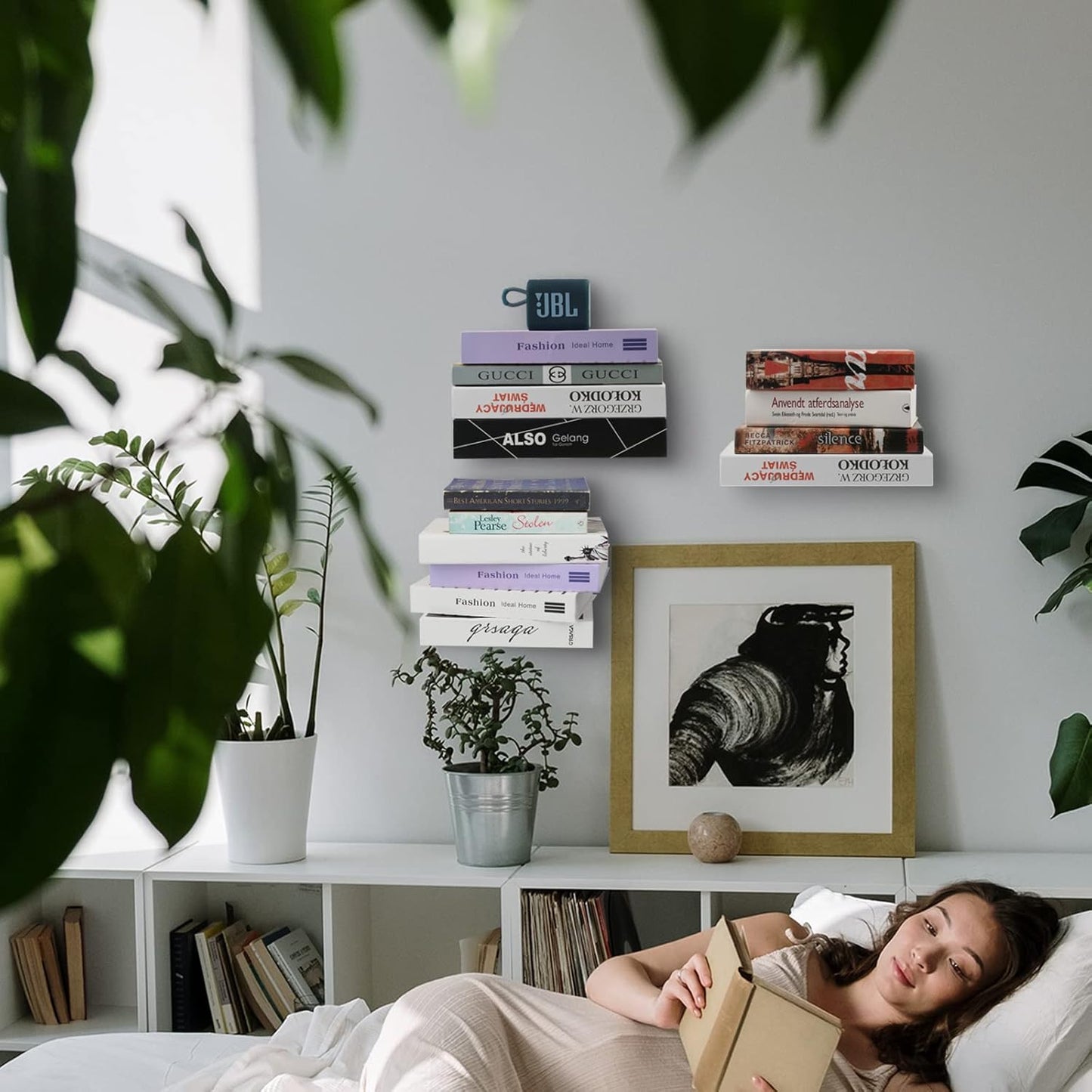 Invisible Floating Bookshelves, Heavy-Duty Book Organizers, Wall Mounted Bookshelf, Iron Storage Shelves for Bedroom, Living Room, Office (Small) (4 Pieces, White)