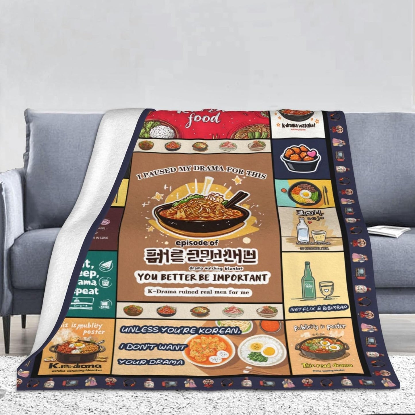 Kdrama Watching Blanket 60x50 Flannel, Korean Food Collage Ramyeon Ramen Bibimbap Tteokbokki, Soft Cozy Tv Throw for Couch Sofa, Kawaii Cartoon Gift for K-Culture Fans