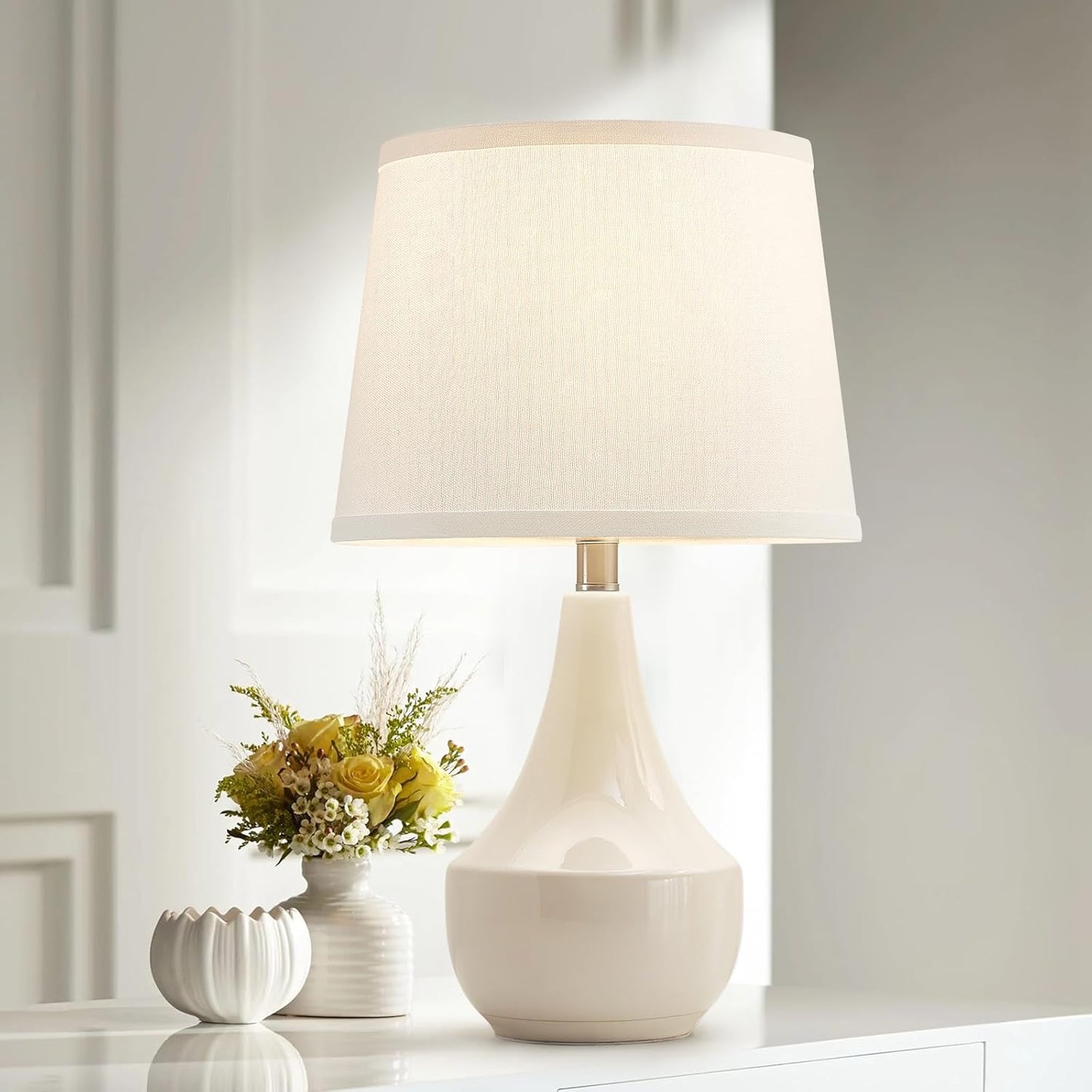 GyroVu 18" Table Lamp Set of 2, Ceramic Table Lamp Classic Beside Lamps Nightstand Lamp Modern Lamp for Living Room, Bedroom & Office Rocker Swtich Cream-LED Bulbs Included
