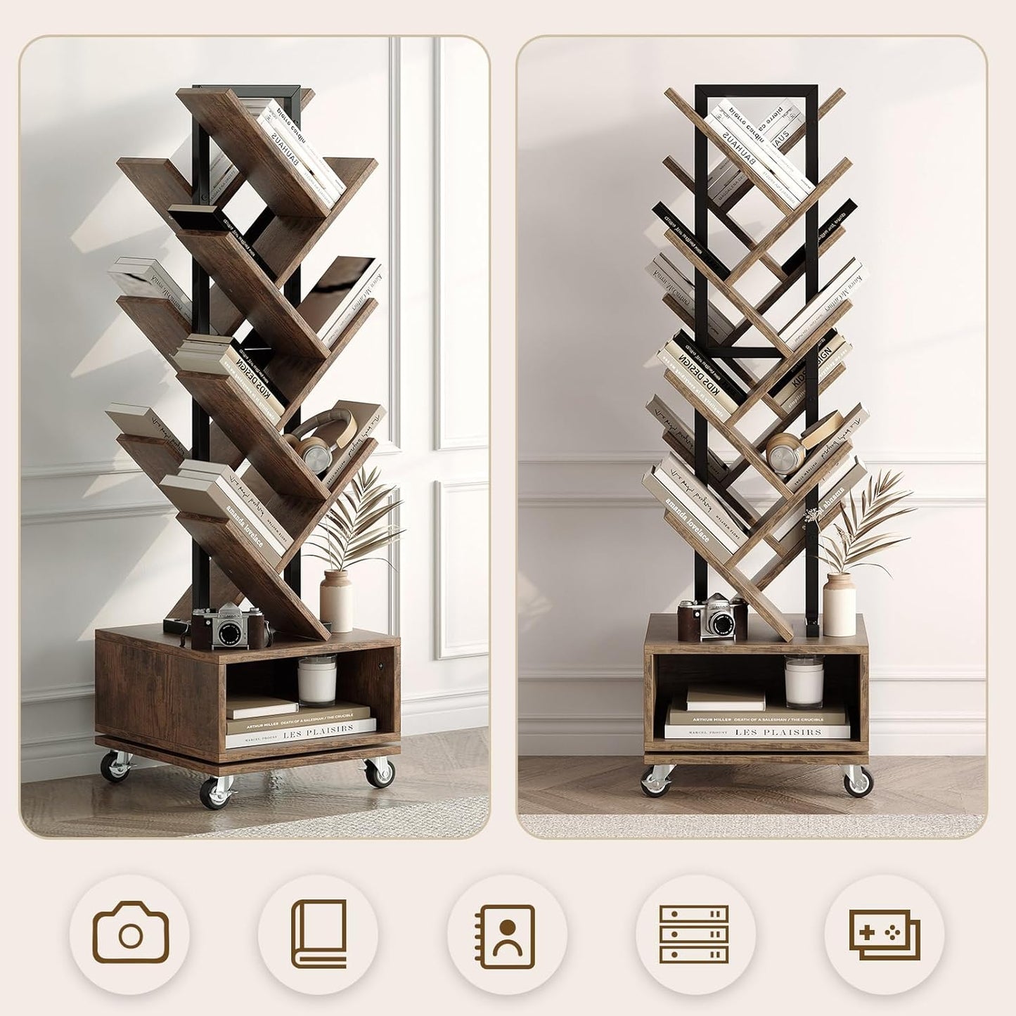 14-Tier Tree Rotating Bookshelf, 360 Degree Spinning Retro Floor Standing Bookcase with Storage Cabinet for Magazines DVDs Books for Small Spaces in Bedroom Living Room Home Office, Rustic Brown