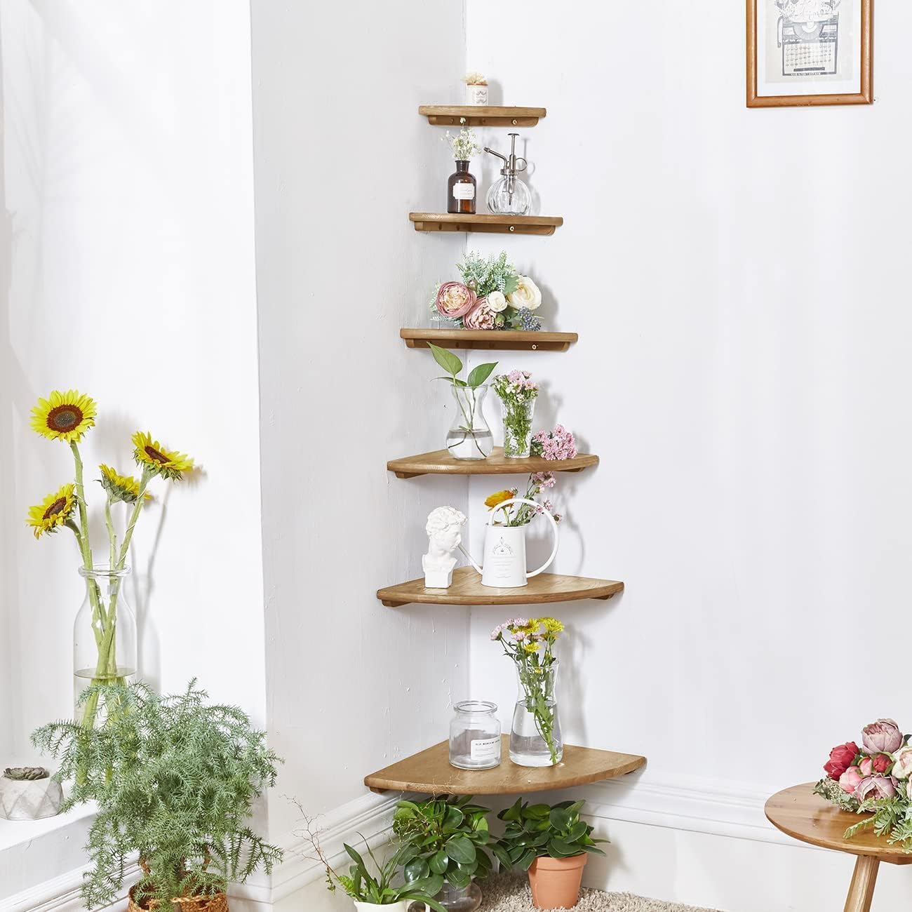 Corner Shelves, Floating Corner Shelf, Set of 2 7inch Solid Oak Wood Wall Shelves, Round End Wall Mount with Wire Hole Shelving for Small Plant for Bedroom Kitchen, Living Room