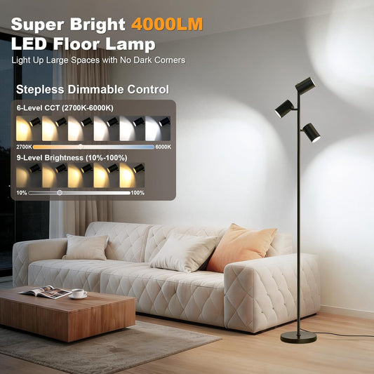 4000LM LED Tree Floor Lamp, 36W Super Bright Reading Lamp with Remote, Dimmable Tall Standing Light with 3 Rotatable Heads & 6 Color Temperatures, Modern Floor Lamps for Living Room Bedroom Office