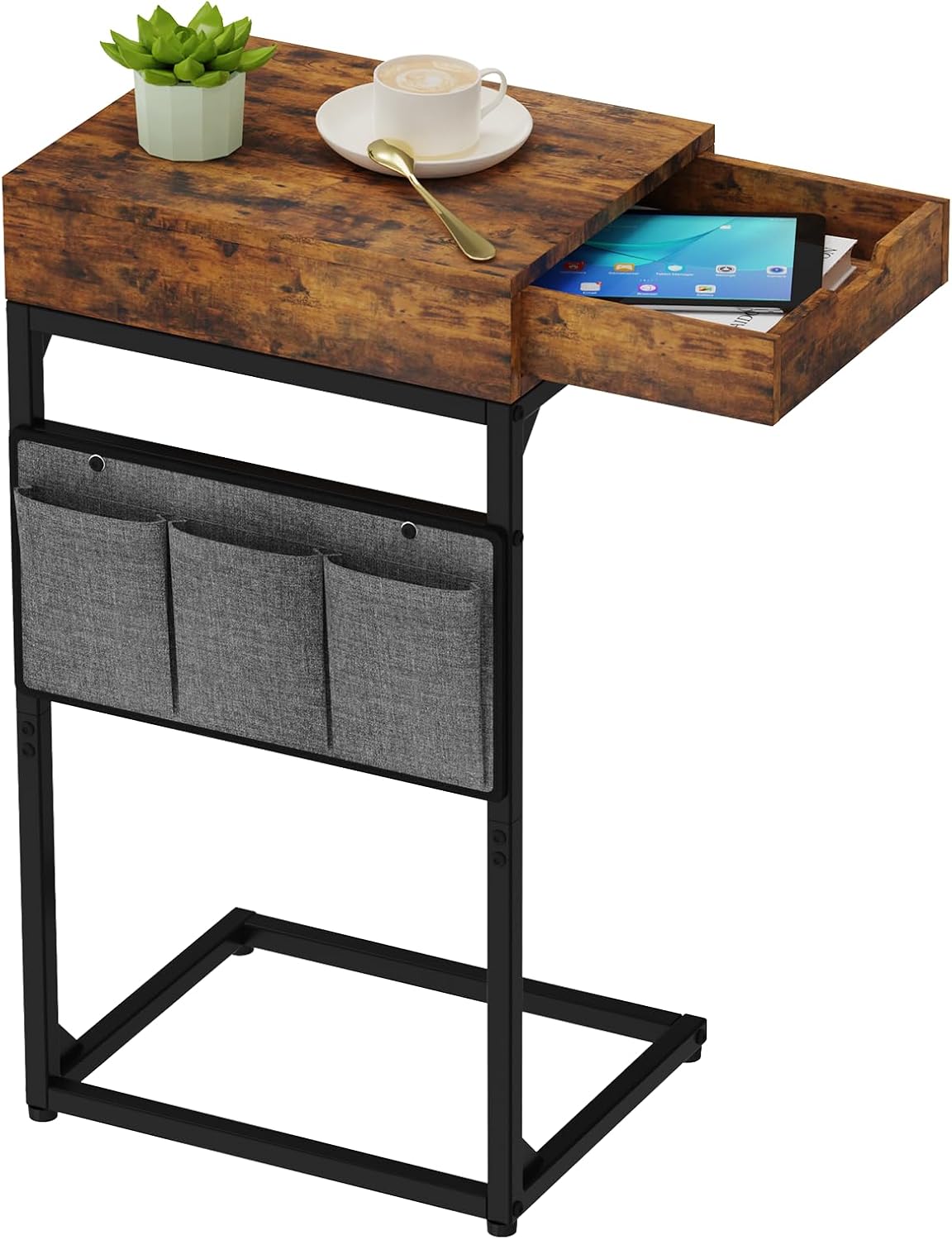 C-Shaped End Table with Drawer, Slide Under Sofa Storage Table with Metal Frame, Modern Design for Living Room, Bedroom, or Small Spaces, Vintage Brown