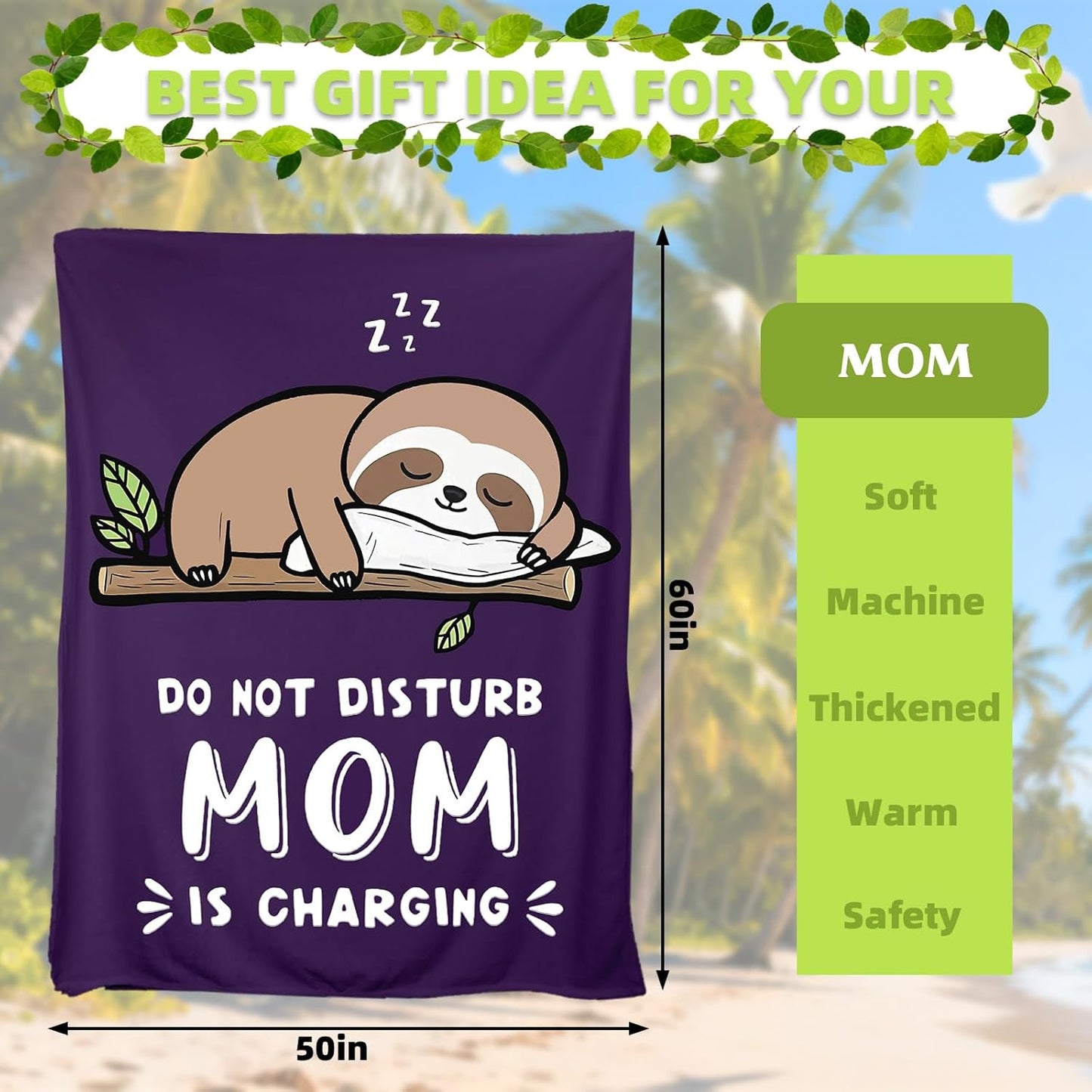 Funny for Mom from Daughter Son - Mom is Charging Sloth Blanket - Super Soft Fluffy Throw Blanket for Napping Travel, 60" x 50", Birthday Mothers Day Valentine's Presents for Women