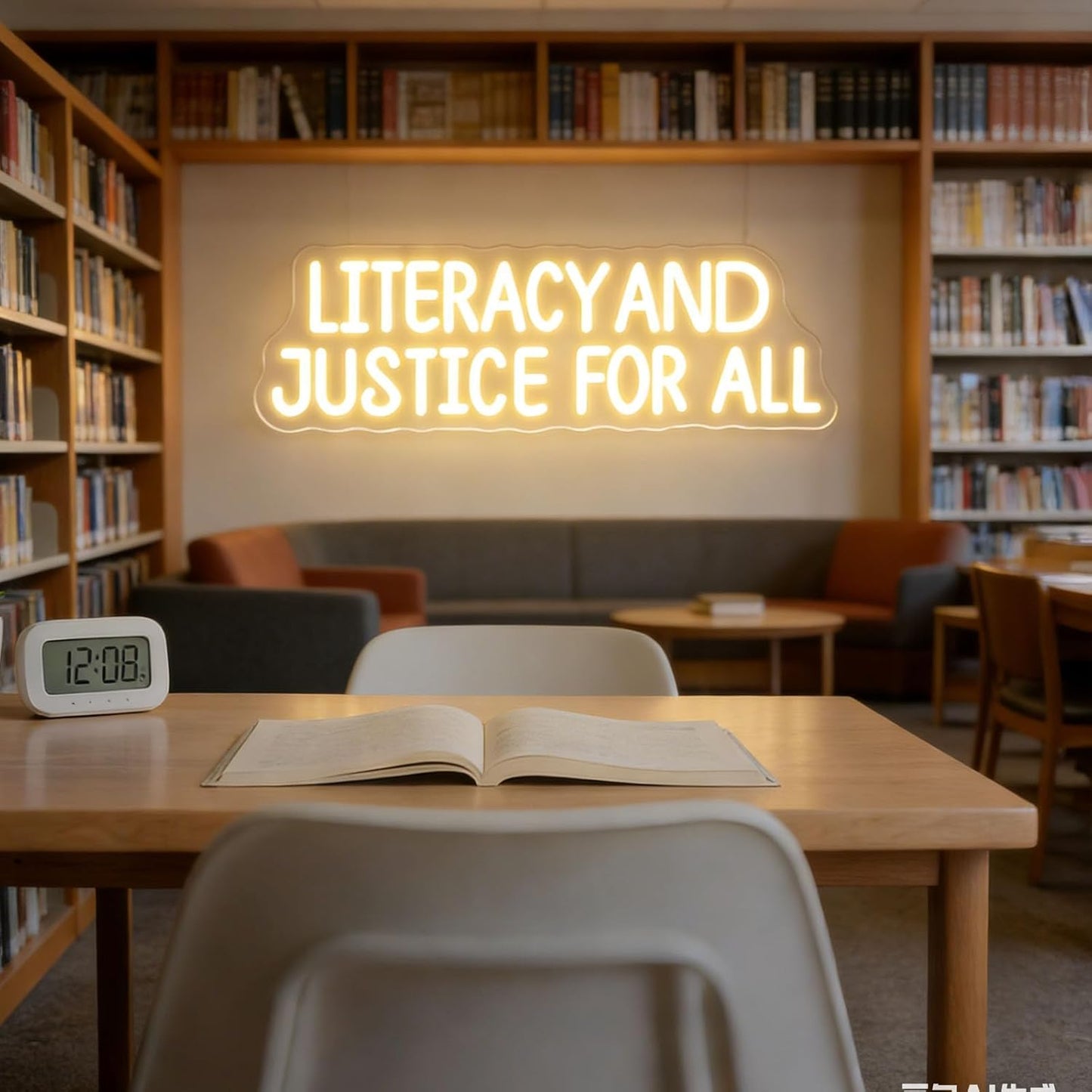 Literacy and Justice For All Neon Sign -23 inch - Book Wall Sign Decor, Reading Wall Hanging LED Light, Bookshelf Wall, Library Neon, Bookish, Book Lover, Inspirational Student Decor Gift-Warm White