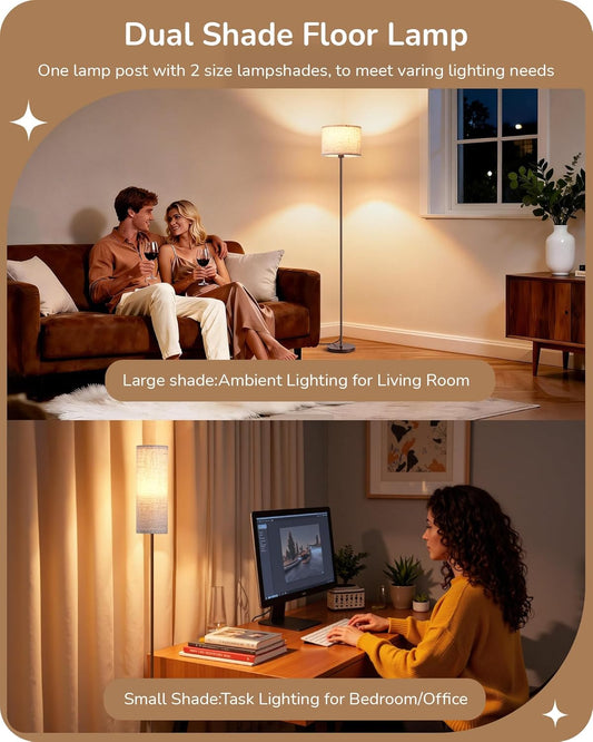 EDISHINE Minimalist Floor Lamp with 2 Shades, Adjustable Brightness & Color Temperature, Remote Control, Dimmable Modern Standing Lamp for Living Room, Bedroom, E26, A19 Bulb Included, Brown