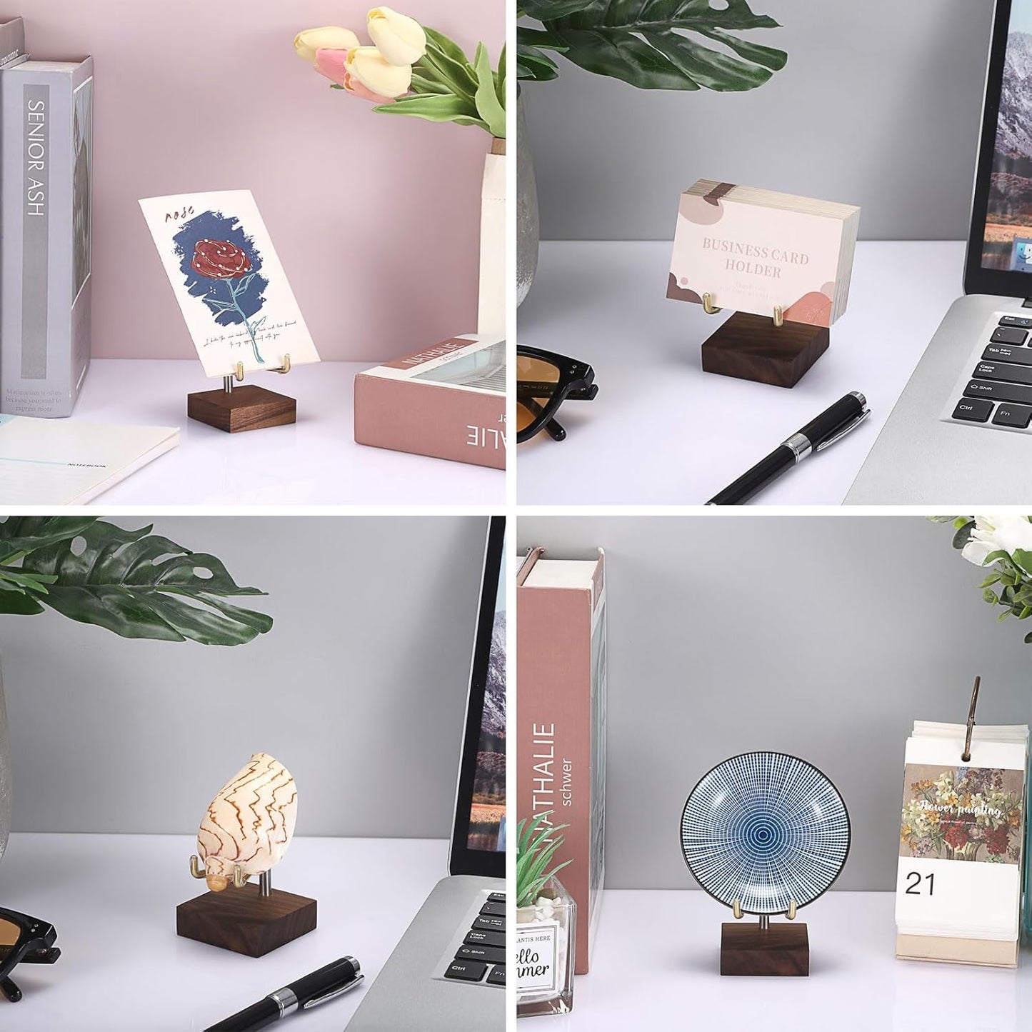 Hipiwe Adjustable Metal Arms Display Stand Easel with Wooden Base - Small Display Easel Holder for Displaying Fossil Coral Geodes Rock Mineral Agate Plate Seashell and Photos, 2"x2"x3.2"
