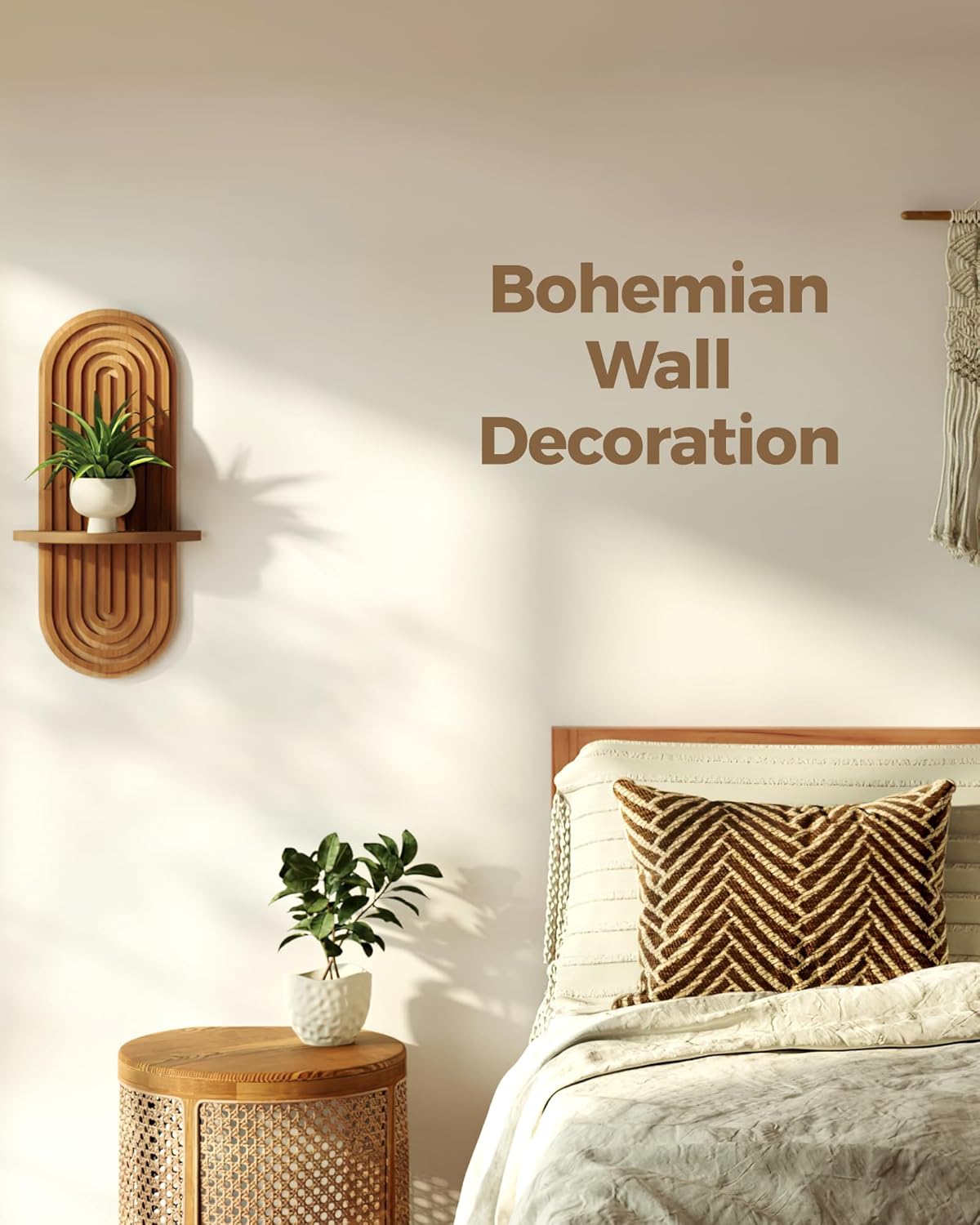Bamworld Boho Wall Decor Brown Plant Wall Shelf, Mid Century Modern Decor Hanging Plant Shelf, 1-Tier Bamboo Floating Shelves for Home Bathroom Bedroom Living Room Holding Planter Decoration Brown
