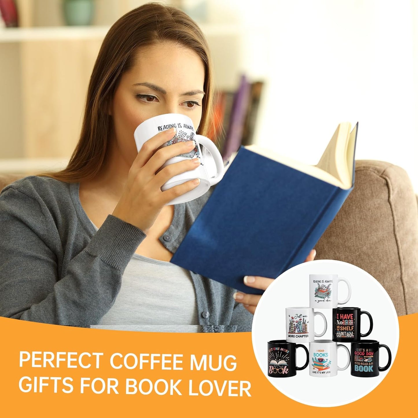 6 Pack Book Lover Coffee Mugs 11oz Ceramic Tea Cups with Funny Reading Quotes Literary Gifts for Bookish Librarians Teachers Readers Book Club Library Lovers