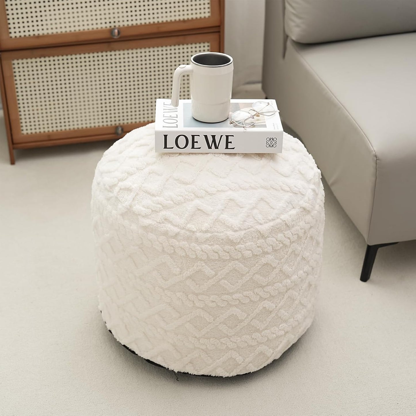 Beige Round Faux Fur Ottoman Pouf - 20x15 Inch Storage Foot Stool Cushion for Living Room & Bedroom Decor