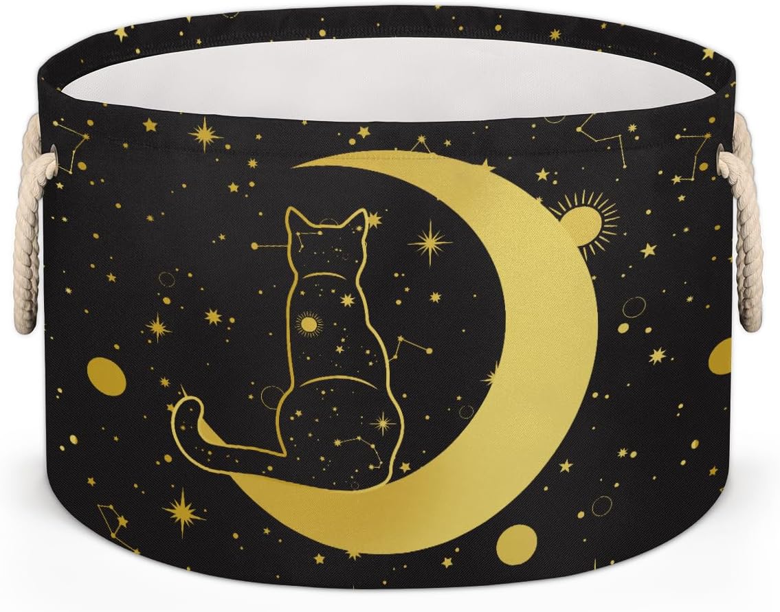 Storage Baskets - Moon Large Nursery Organizer Bin Box with Handles Collapsible Round Black Cat Laundry Hamper for Kids Boy Toys Pet Blanket, Bedroom Living Room Home Decor Gift Basket (19.4"x13.3")