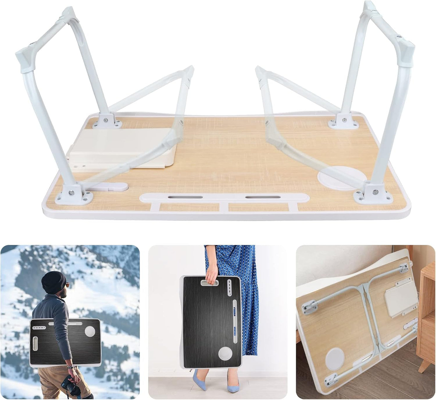 Laptop Bed Table, Lap Desk for Bed, Foldable Laptop Bed Desk with USB Charge Port, Handle, Desktop Card Slot, Cup Slot, Side Drawer, Portable Laptop Table for Bed Eating Reading Working