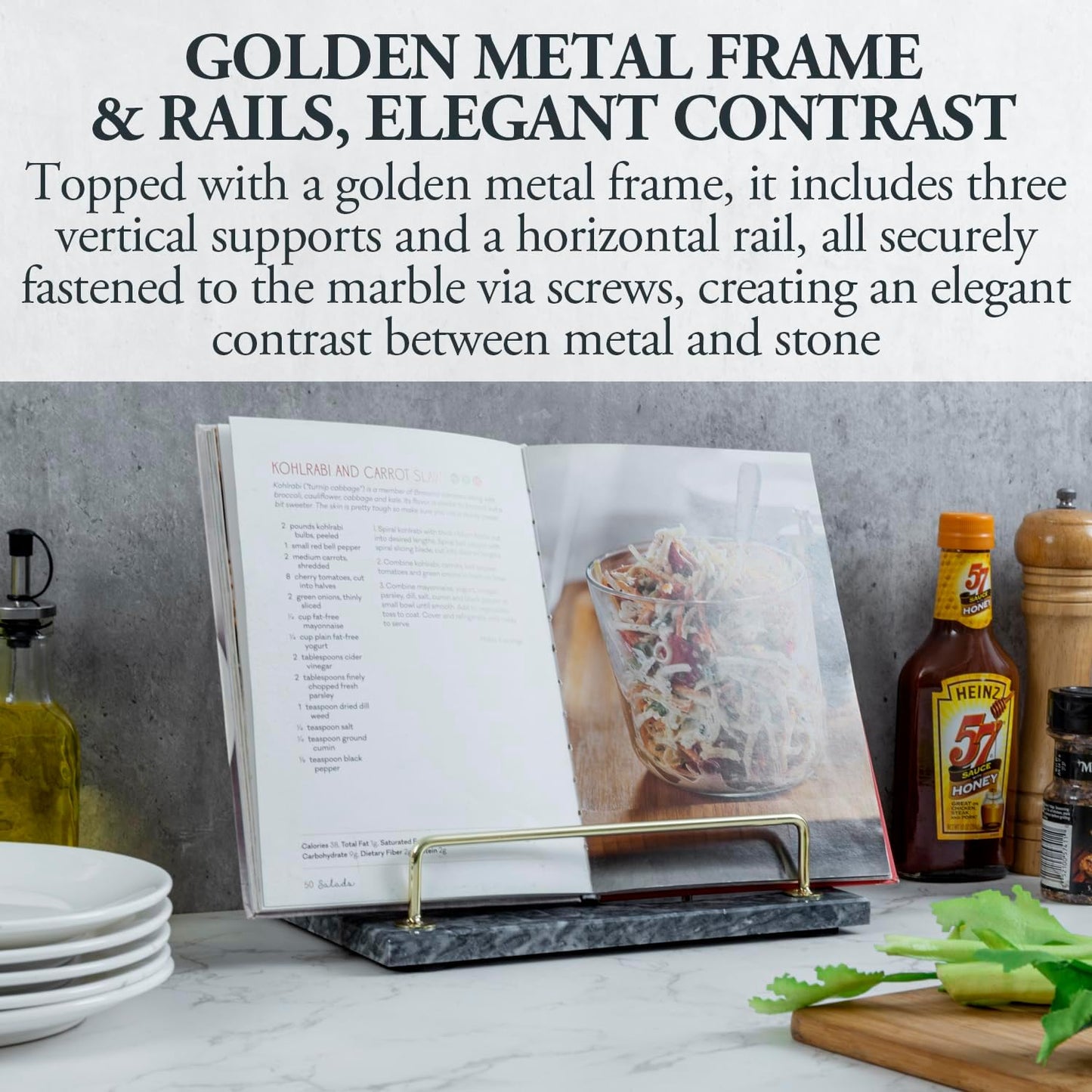 MyGift Modern Black Marble Cookbook Stand, Kitchen Countertop Recipe Holder Stand with Brass Tone Metal Rail
