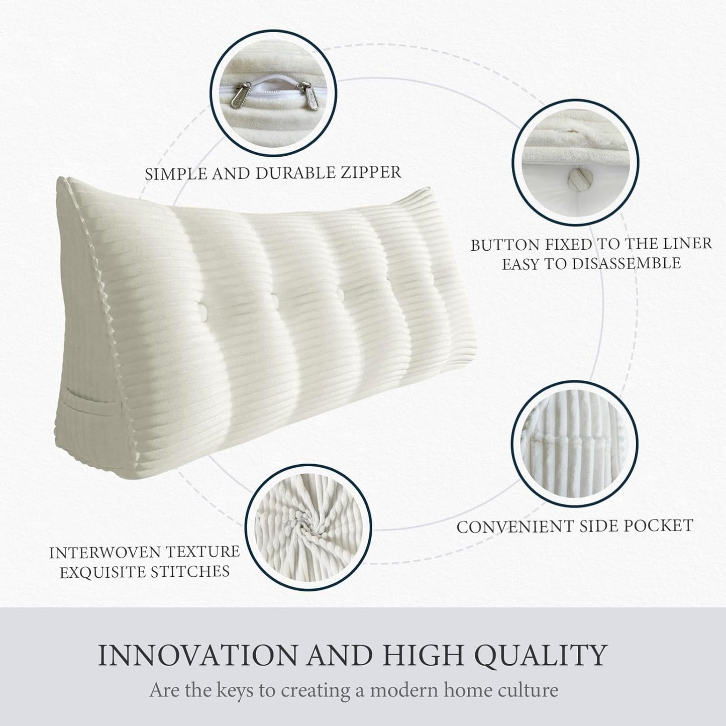 Fully Stuffed Thicken Headboard Pillow Full Padded Headboard Soft and Firm Support Large Bolster Triangular Bed Wedge Pillow Backrest Positioning Bed Rest Reading Pillows for Bed Corduroy White