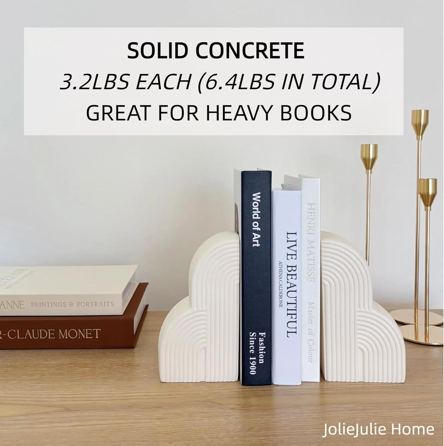 Concrete Bookends Decorative for Heavy Books - Aesthetic Boho Style Set of 2, White Decorative Bookends for Shelves, Office Boho Decor, Home Decor, or Library Decor (Cream White)