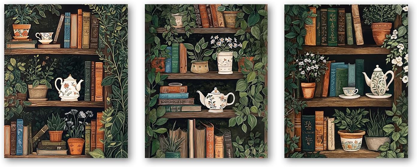 XWELLDAN Reading Bookish Book Shelf Botanical Wall Art Prints Wall Art Decor for Reading Room Bedroom Library Corner, 8x10 Inch Set of 3, Unframed