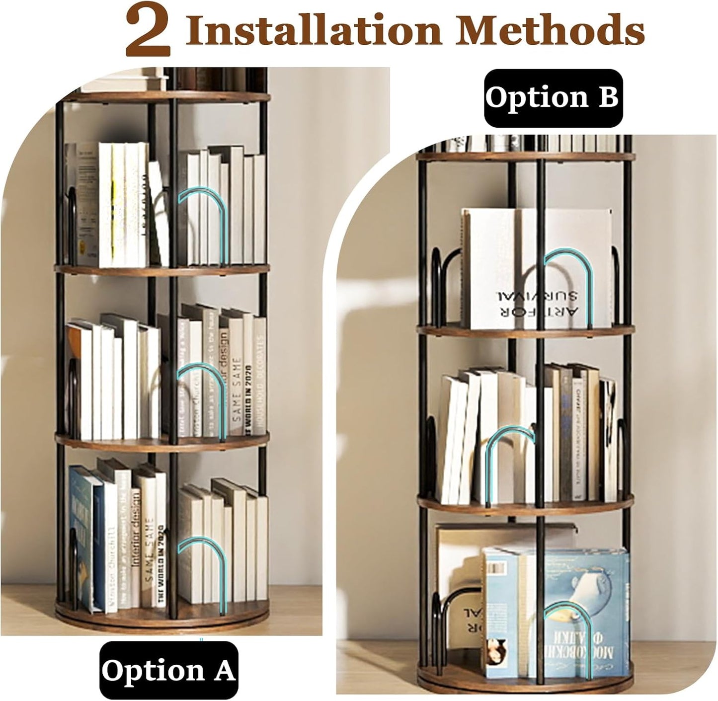 4 Tier Rotating Bookshelf, 360 ° Display Corner Book Shelf, Stackable Spinning Bookshelf Tower, Narrow Tall Revolving Bookcase, Round Swivel Storage Organizer (Black, 4 Tiers)