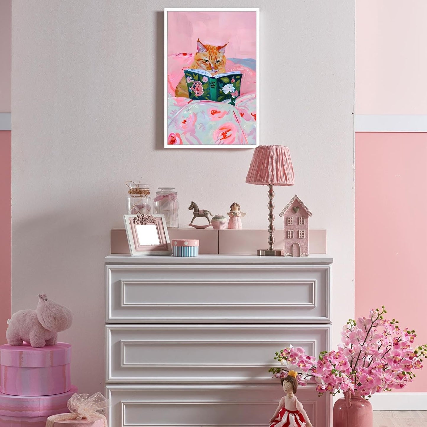 Trendy Orange Cat Posters Cute Minimalist Pink Flowers Pet Canvas Wall Art Funky Funny Animal Cat Is Reading Prints Painting For Home Bedroom Dorm Living Room Wall Decor 8x10 in Unframed