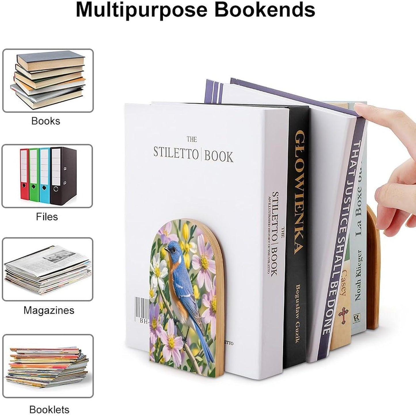 Bluebird and Flowers Bookends 1 Pair Heavy Duty Book Ends for Shelves Non-Skid Bookend Supports Wooden Book Holders with Metal Base Desk Organizers Books Storage to Hold Books