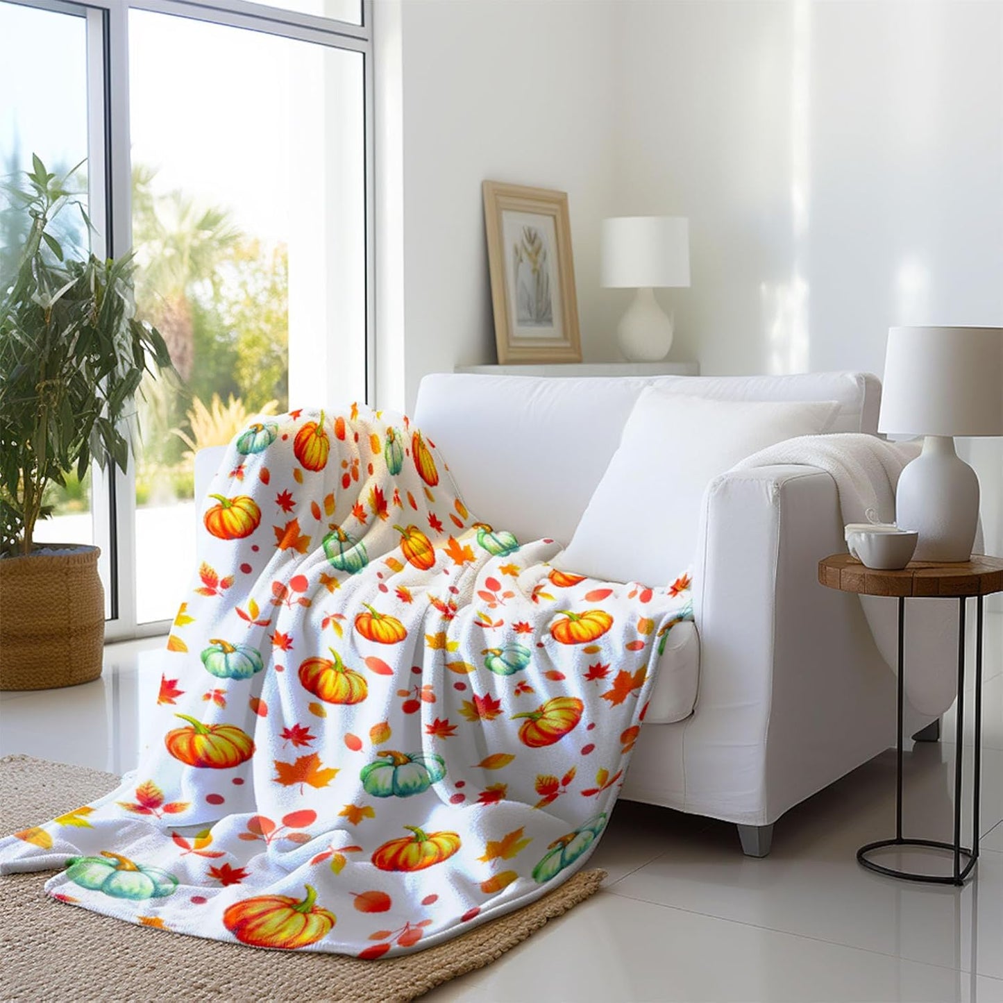 Pumpkins Throw Blanket, Orange Blue Pumpkins and Leaves Soft Flannel Blanket for Living Room Couch Bed Chair and Throws for Home, Blanket 60"x50"