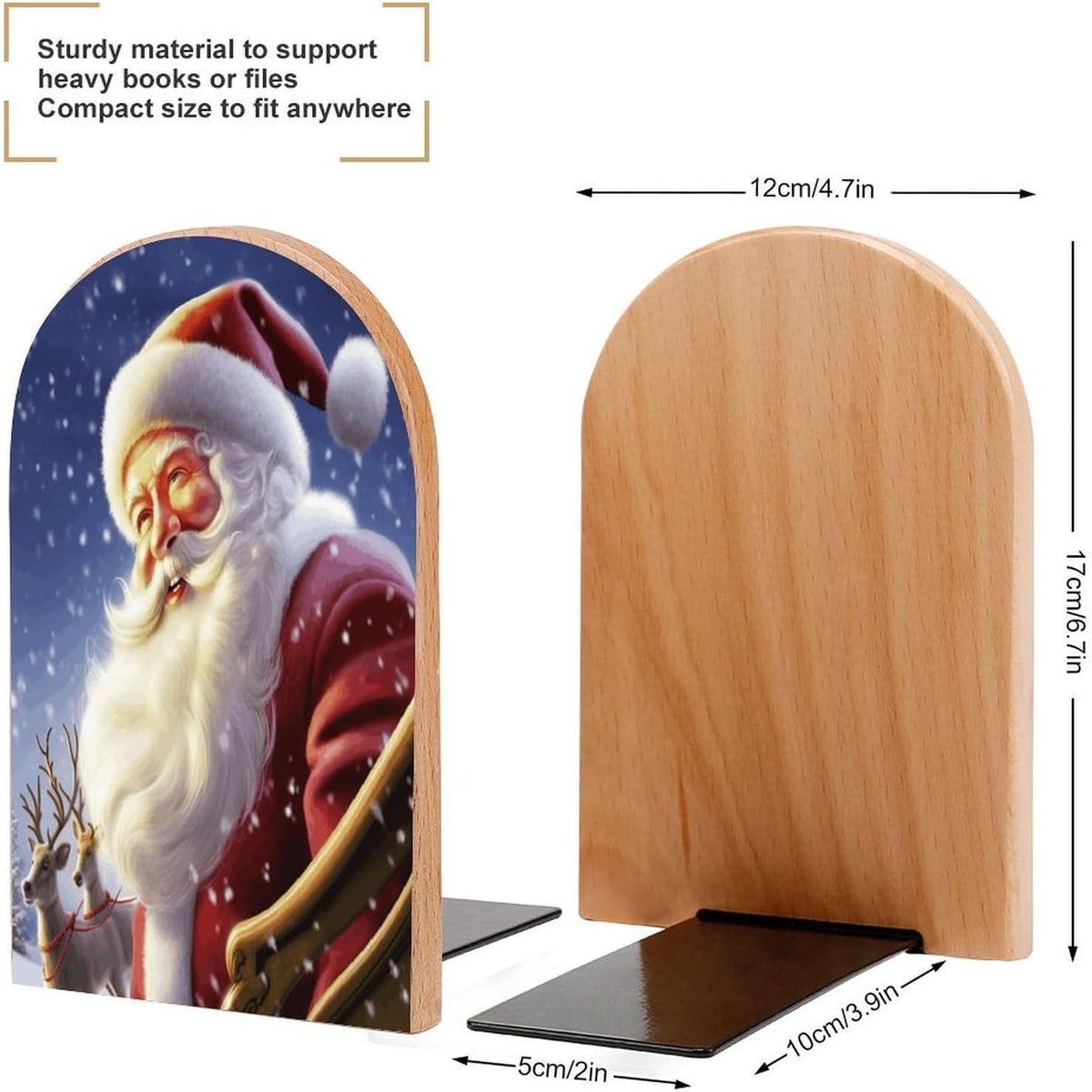 Santa Claus Wooden Bookend Non-Slip Book Ends Heavy Duty Book Stopper with Metal Base Books Holderd Decorative Bookends Stands Firmly for Office Supplies