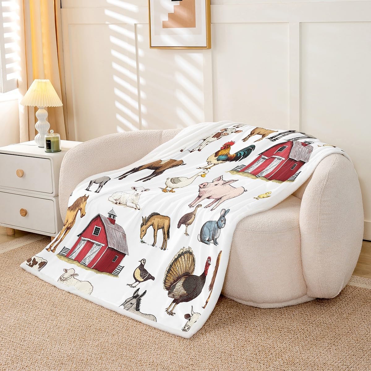 Farm Animals Fleece Blanket - Rustic Farmhouse Throw for Boys & Girls, Horse, Chicken, Rooster, Bull, Cattle, Cow, Sheep, Pig, Duck, Goose - Country Style Fuzzy Blanket, 40"x50" Room Decor