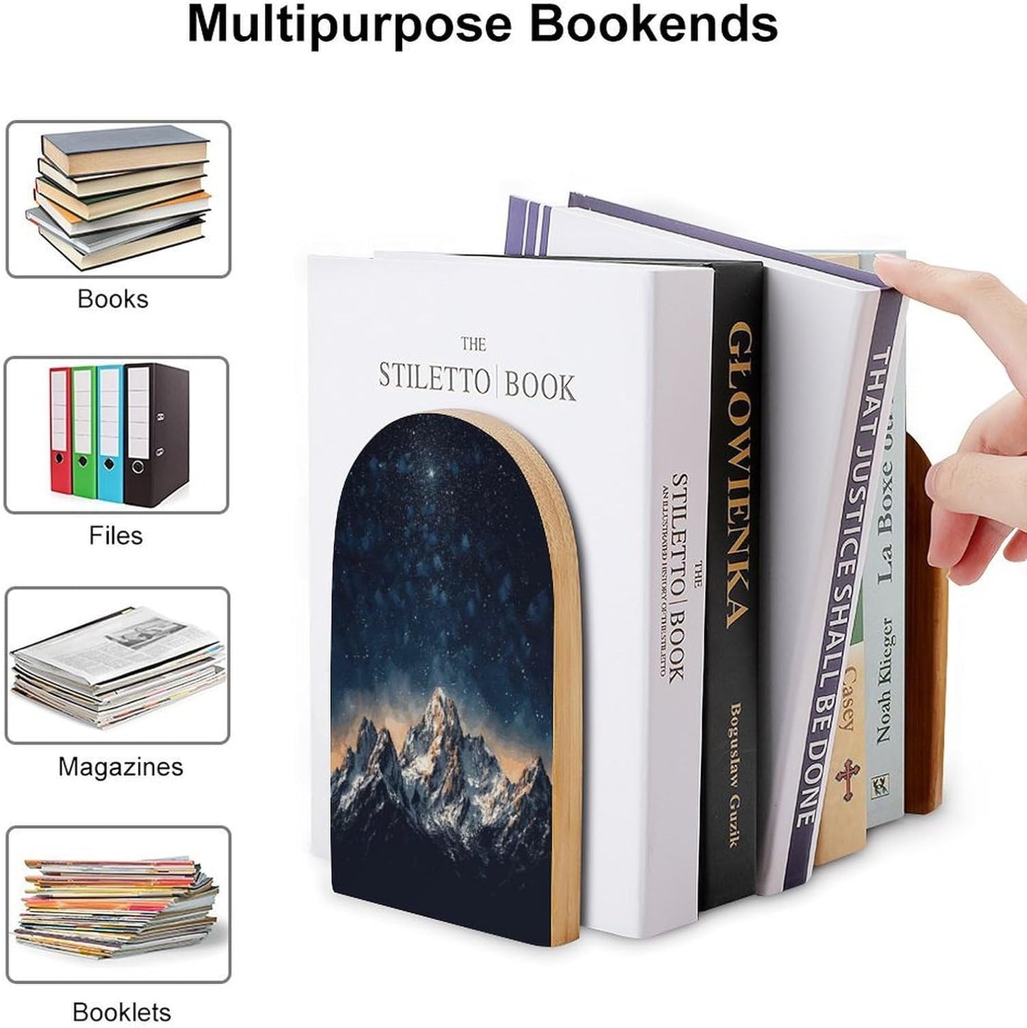Starry Night The Mountains Wooden Bookend Non-Slip Book Ends Heavy Duty Book Stopper with Metal Base Books Holderd Decorative Bookends Stands Firmly for Office Supplies
