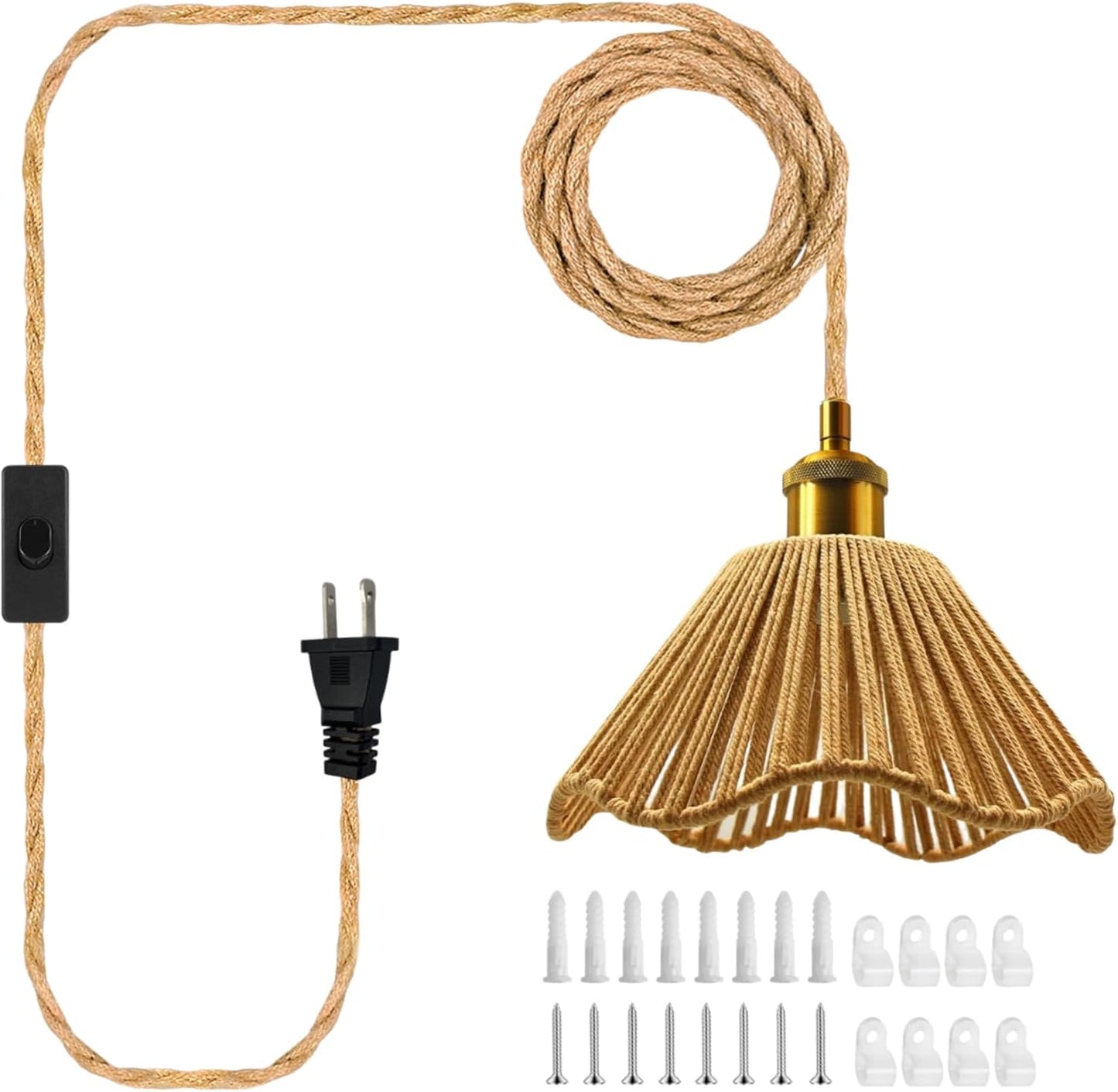 Plug in Pendant Light, E26/E27 Socket Hanging Lights, Hand Woven Hemp Rope Shade 16.7ft Cable with Switch and Plug Bohemian Hanging Light Fixture Vintage Rustic Chandelier (No Bulb)