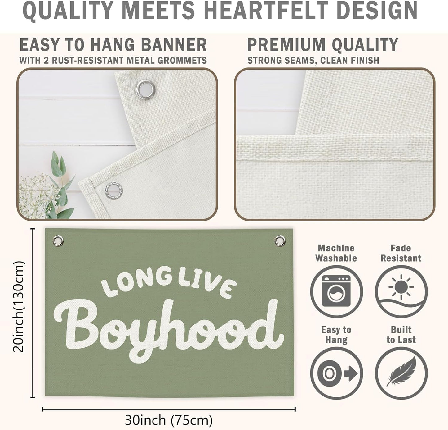 Long Live Boyhood Kids Banner Canvas, Green Boys Toddler Room Decor, Playroom Hanging Flag Sign, Nursery Wall Tapestry Art for Baby Shower Classroom Bedroom Decor 20x30in