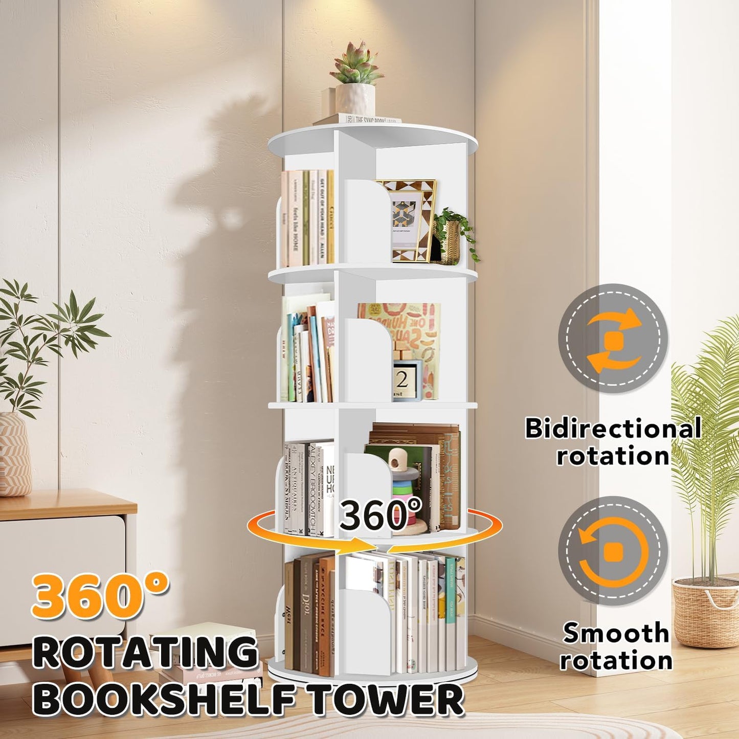 4 Tier Rotating Bookshelf Tower, Spinning Bookshelf, Revolving 360° Bookcase Storage Round Carousel, Vertical Rotate Turning Spiral Corner Organizer Lazy Susan, White