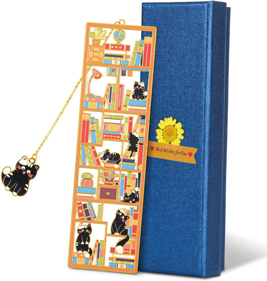 Black Cat Metal Bookmark with Charm and Gift Box, Bookmarks for Women, Reading, Book Mark Gifts for Cat Lover, Teacher, Graduation, Reader, Book Lover, Friends, Bestie, Mom, Dad
