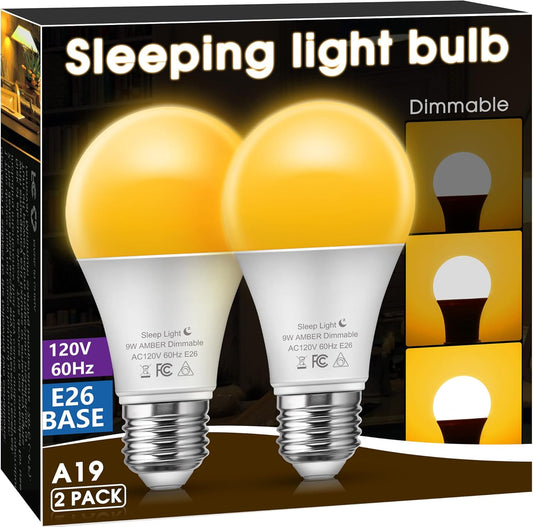 Briignite Amber Light Bulb - Dimmable Soft Warm Light Bulbs 9W A19 E26 Base Night Light Bulb, No Blue Lights, Ideal for Sleep, Bedroom, Nursery, Lamp, 2 Pack