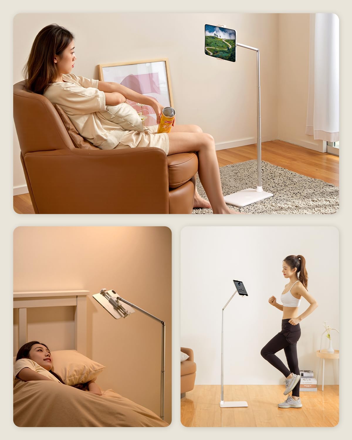 Tablet Floor Stand, Adjustable iPad Holder for Bed & Sofa - 360° Rotating Long Arm, Height Adjustable from 13.5" to 60.3", Sturdy Metal Base for iPad, Tablet, Phone (4-13 Inch), White