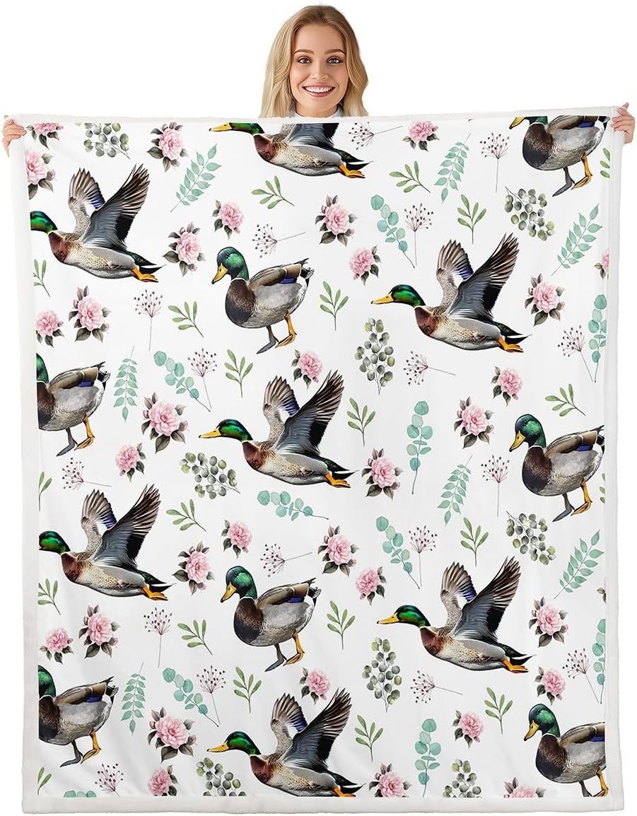 Erosebridal Mallard Duck Blanket Pink Floral Flowers Throw Blanket Throw Green Plants Leaf Fleece Blanket Country Minimalist Sherpa Blanket for Kids Girls Women Gift Decor
