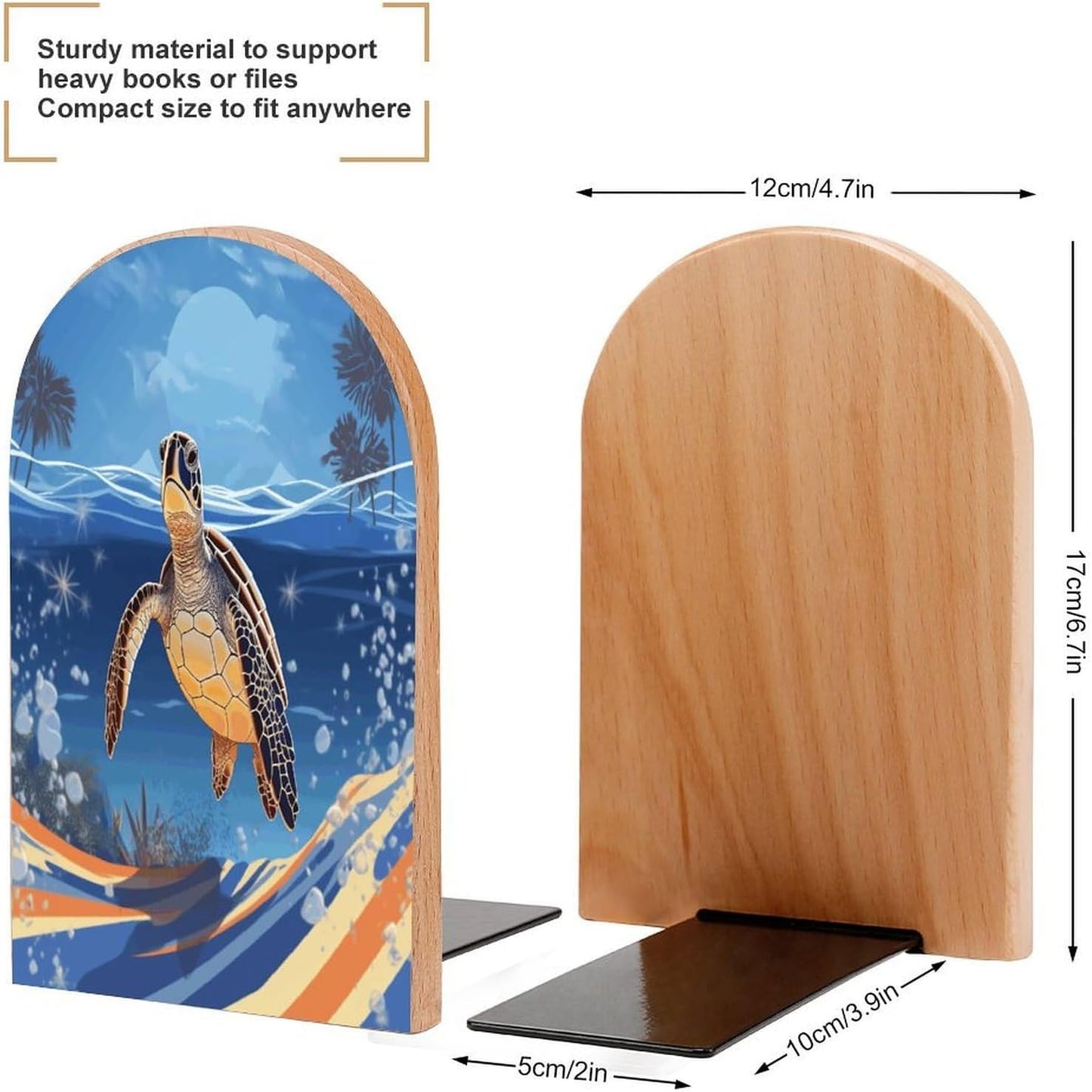 Ocean Turtle on The Beach Bookend for Shelves Wooden Book End Large Size Sturdy Book Holders Stoppers with Metal Base for Bookshelves Slick Decorative Bookends Stands