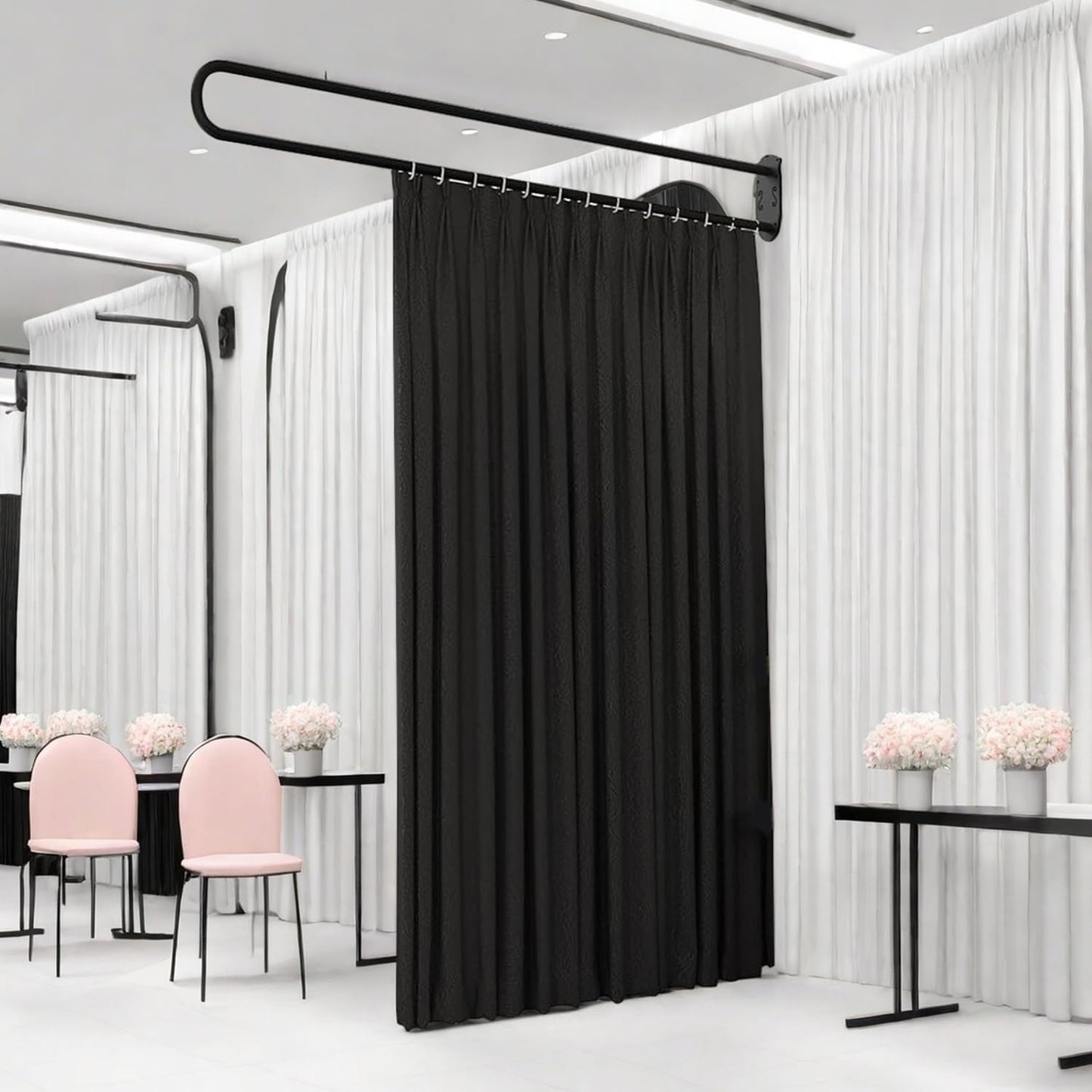 U-Shape Room Divide,Curtain for Beauty Salon,Privacy Partition Curtains with Metal Support Wall Mounted Curtains for Fitting Room, SPA, Bedroom, Room Divider,Hospital,6.56ft (Black)