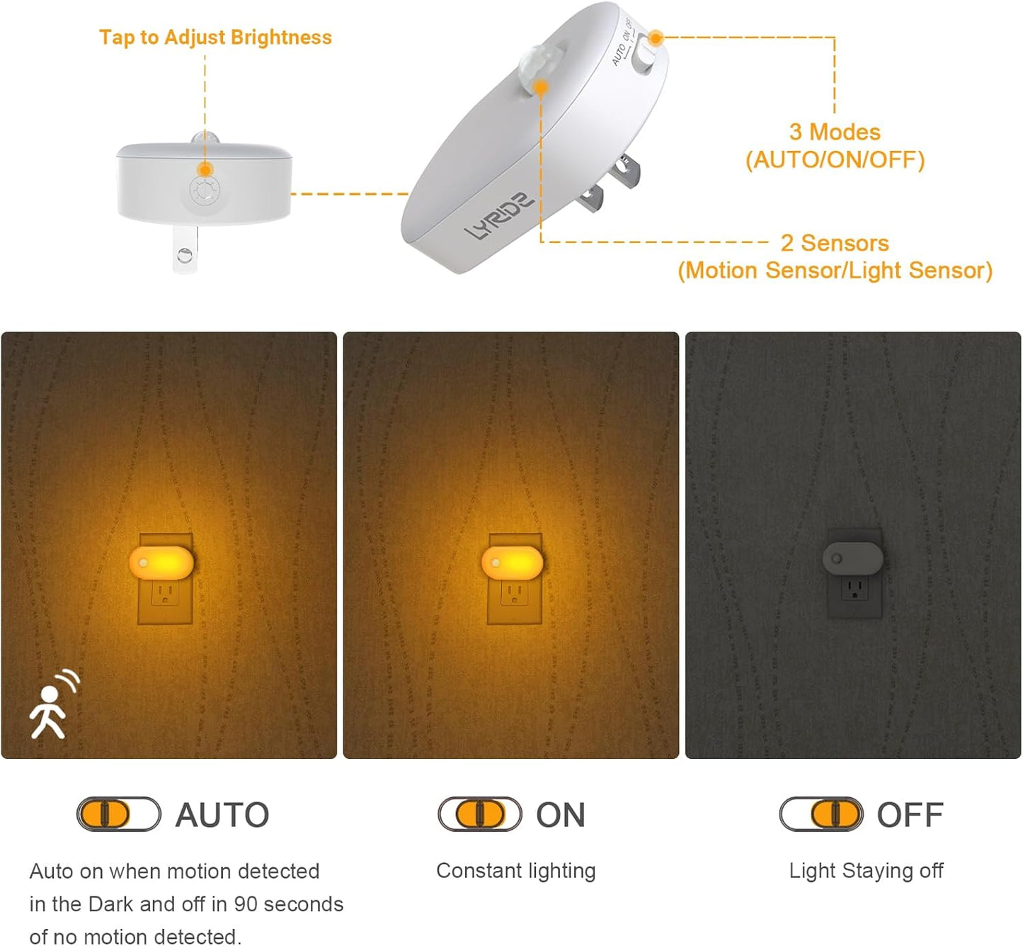 Lyridz 120LM Ultra Bright Plug-in Motion Sensor Night Light, Stepless Dimmable LED Nightlight, Always-On and Auto-Off, for Hallway, Stairs, Bathroom, Bedroom, Garage, Amber (2-Pack)