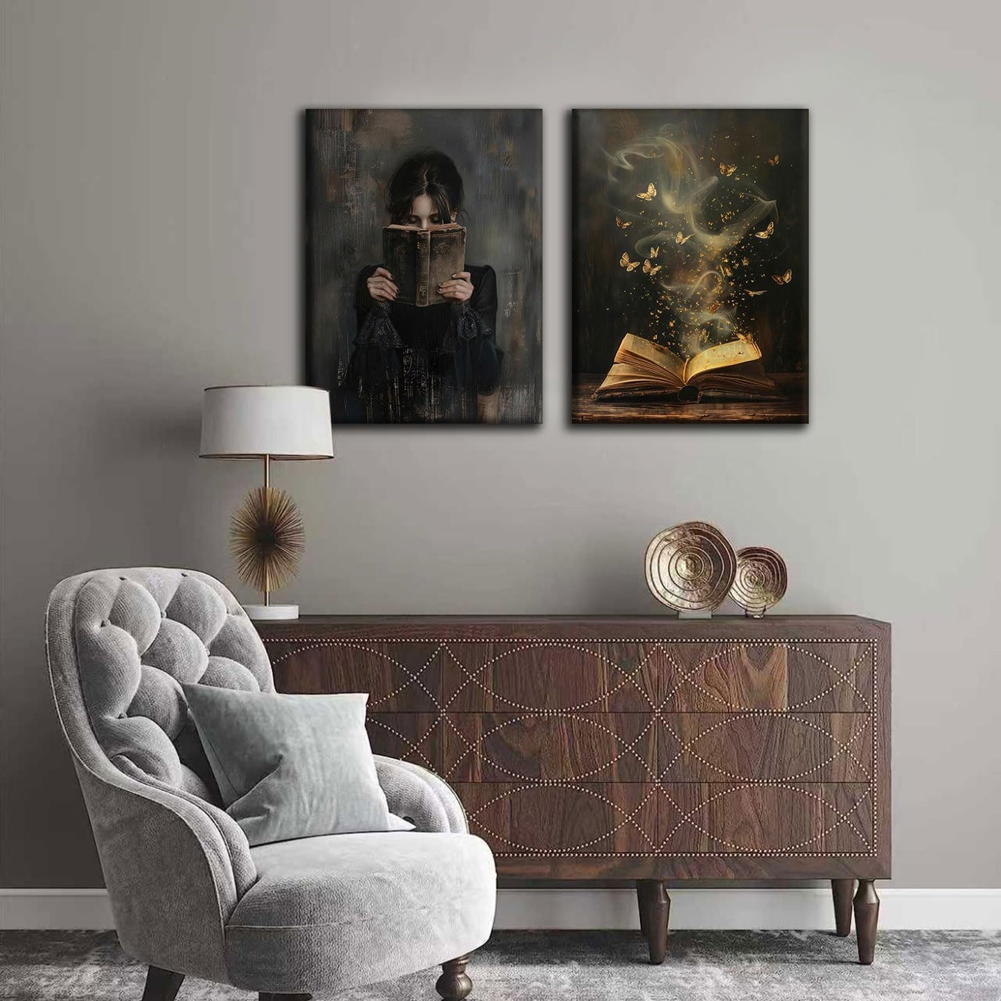 2Pcs Dark Preppy Butterfly Book Canvas Wall Art Gothic Victorian Woman Reading Magic Book Wall Decor Dark Moody Girl Posters Prints Vintage Bookish Reading Corner Paintings Pictures 12x16 Inch