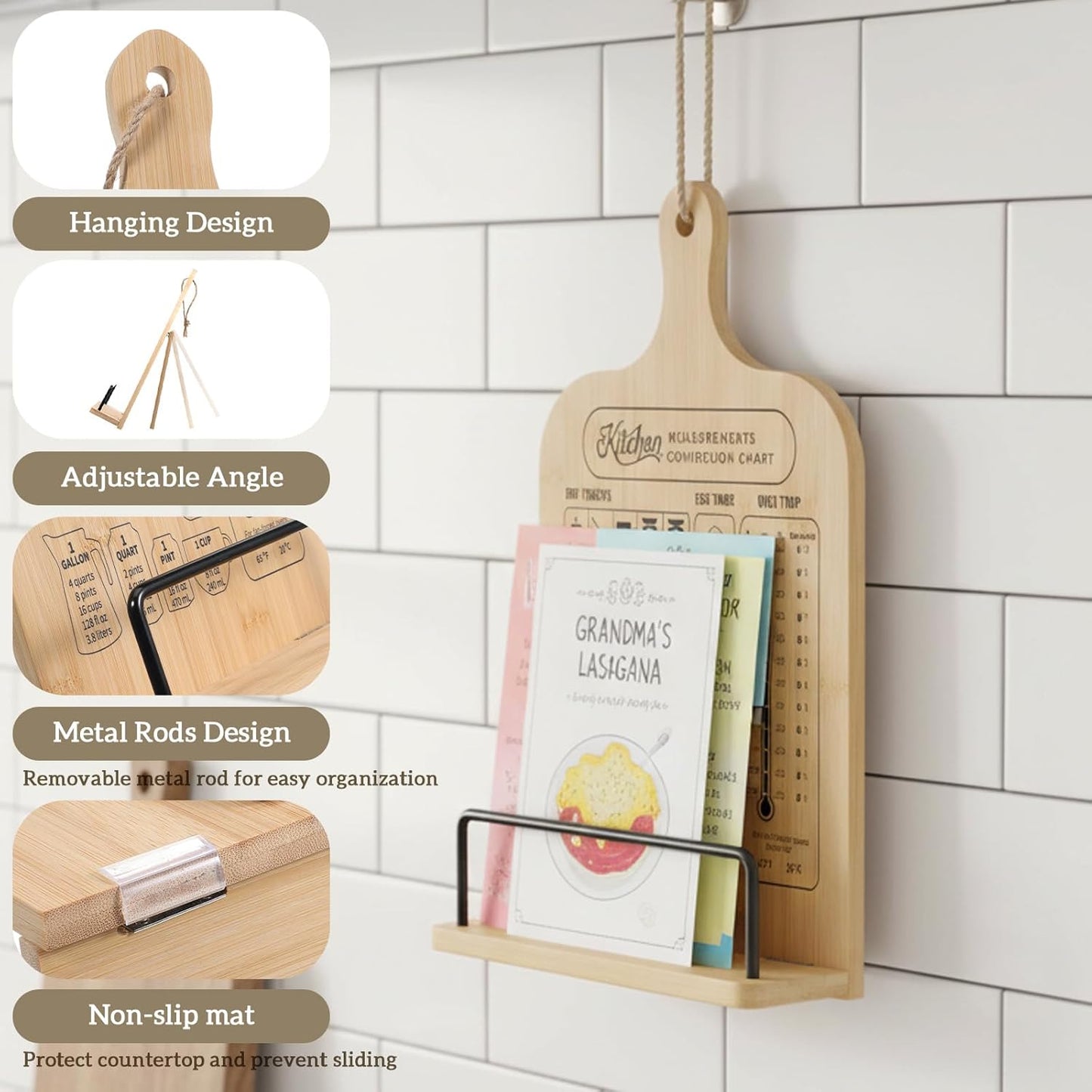 Bamboo Cookbook Stand for Kitchen Counter, Foldable Cook Book Holder with Measurement Conversion Chart Recipe Book Stand Essential Accessories for Holding Cookbooks